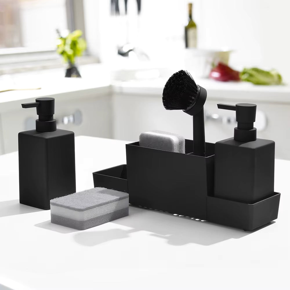 Kitchen Soap Dispenser & Sponge Holder Set with Brush – Matte Black