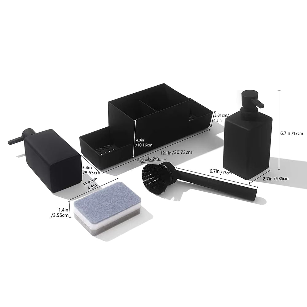 Kitchen Soap Dispenser & Sponge Holder Set with Brush – Matte Black