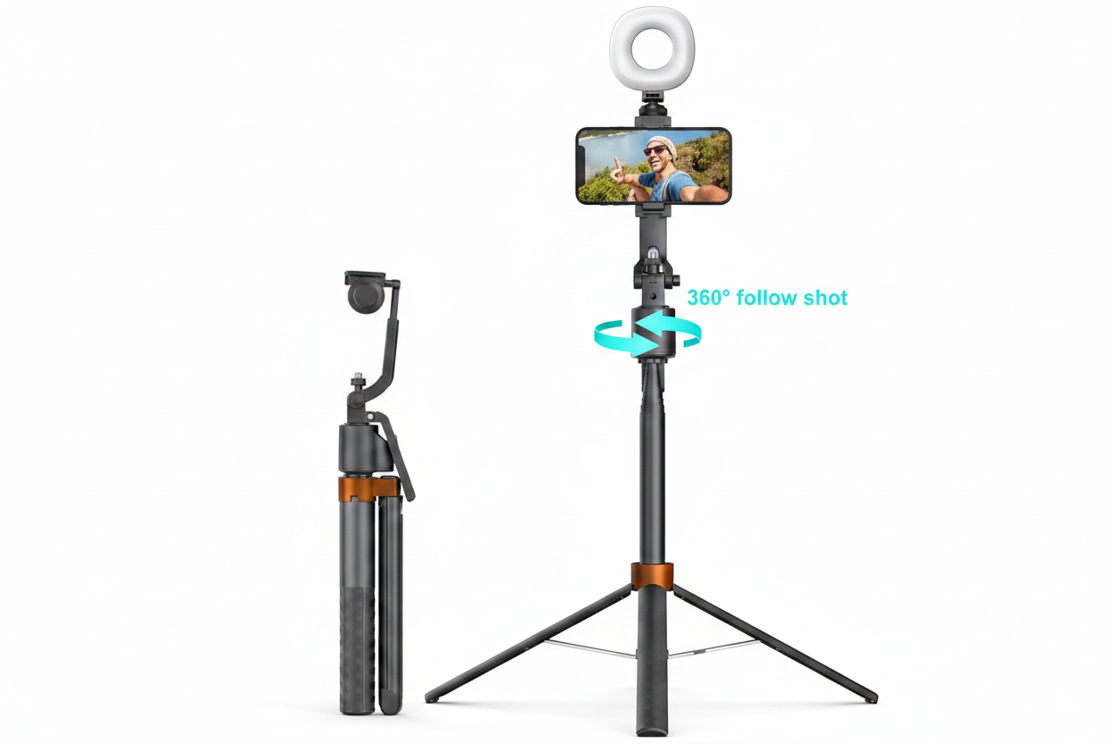Intelligent PTZ selfie stick compact and extended configurations - white background