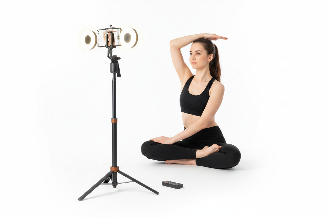 Woman doing yoga filmed by smart tracking tripod with dual ring lights - white background