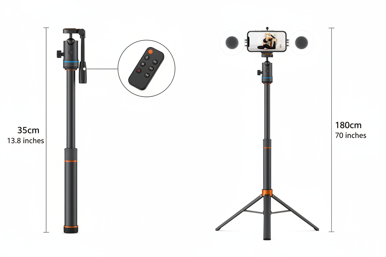 Smart tracking tripod dimensions 35cm collapsed 180cm extended - white background