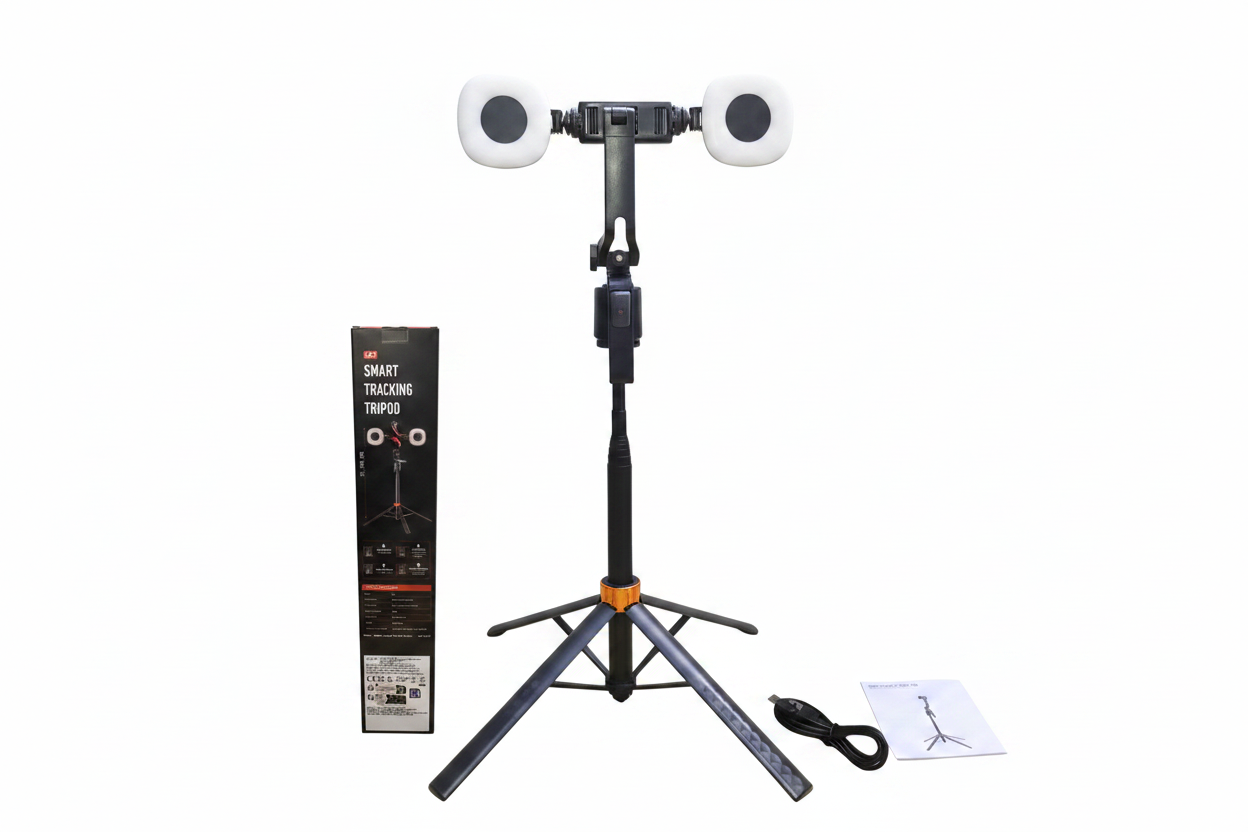 Smart tracking tripod front view with dual ring lights - white background