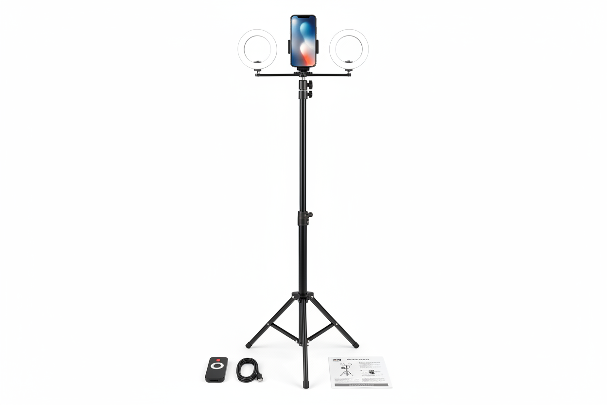 Smart tracking tripod full product setup with dual ring lights - white background