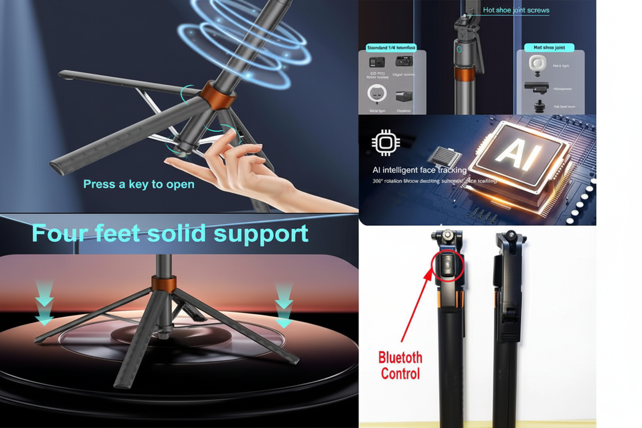 Smart tracking tripod feature highlights - white background